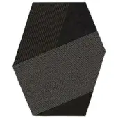 Hexagonal rug, black kilim with gray grid pattern, features a flatweave texture and matte finish, sharp angled edges, Rugiano design.