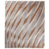 Rugiano rd twist rug, cream and sand abstract stripes, textured pile, dark brown bound edges, studio shot on light background.