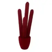 Cactus arrangement, burgundy flocked stalks, rounded pot, white background, studio lighting, textural detail, saturated color, simple form.