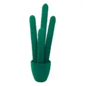 Cactus arrangement in emerald green pot, featuring three cylindrical felt-like stalks clustered together, studio product shot on white background.