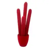 Red cactus arrangement, three cylindrical felt stalks in a rounded pot, minimalist studio shot, white background, modern decor.