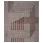 Rug, red and gray, rectangular with abstract geometric pattern of layered red lines creating depth and a minimalist aesthetic.