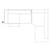Sectional sofa diagram, white lines, L-shape configuration with rectangular seat, angular section, and red directional arrow.