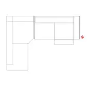Sectional sofa line drawing, white background, red lightning bolt icon, 90-degree angle, minimalist design, schematic representation.