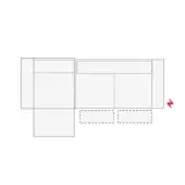 Sectional sofa schematic, gray tone, features left chaise and three-cushion right sofa with rectangular backrests and dashed outlines.