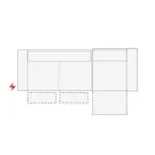 Sectional sofa, light gray fabric, rectangular chaise lounge with dashed line divisions, modern design, red lightning bolt icon.