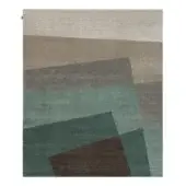 Area rug, geometric pattern, green and brown tones, rectangular shapes, plush woven texture, layered design, neutral color palette.