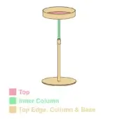Lift side table, pink and mint green, three-part circular design with adjustable tan column and base, studio illustration.
