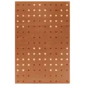 Rug, wool blend, rectangular jc bubbles pattern in rust, cream, burgundy, and green tones with a plush pile and neutral gray backdrop.