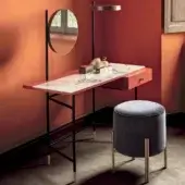 Refined Bontempi Vanity Desk with white marble-like synthetic tabletop and reddish-brown wood drawer in satin finish with a black metal frame