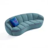 Distinctive Egoitaliano Shai sofa with curved form upholstered in matte bi-elastic fabric, accented by teal and vibrant pink detailing
