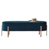 Lavish Bontempi Puffoso bench with elegantly curved form upholstered in matte teal velvet and rose-gold metal legs