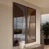 Distinguished Bontempi Impero mirror with smooth and ribbed glass in a dark brown satin-finish wood frame and textured vertical slats