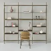 Exceptional Bontempi Charlotte bookcase with desk in muted brass-tone metal and dark brown veneered glass shelving