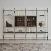 Superior Bontempi Charlotte bookcase with satin wood and muted brass-toned metal, crafted in a balanced geometric form with glass doors