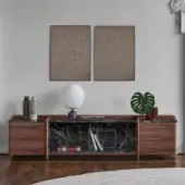 Distinguished Porada Akeru sideboard with canaletta walnut and contrasting marble, built with sleek dark panels framing a geometric metal grid