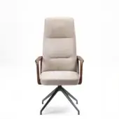 Sophisticated Porada Cuna swivel chair with sculpted Canaletta walnut frame and light beige upholstered cushion exhibiting synchronized movement