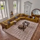 Distinguished Porada Koji sectional with expansive modular form and sumptuous golden-brown velvet upholstery with Canaletta walnut detailing