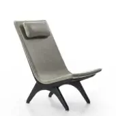 Exceptional Porada Koko lounge chair with Canaletta walnut structure and smooth grey-green upholstery with black chrome metal details