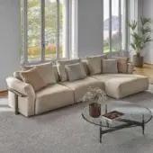 Superior Porada Ronny sectional upholstered in neutral beige woven fabric with a solid wood frame and quilted detailing