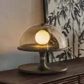 Superior Porada Tack table lamp with Canaletta walnut stem and smoked transparent glass diffuser in brushed bronzed brass
