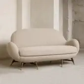 Distinctive Visionnaire Mercury sofa with neutral beige stretch fabric upholstery and matte black steel bases accented with brass tips