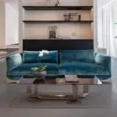Distinctive Visionnaire Ca’ Foscari sofa with plush deep teal velvet upholstery and polished steel accents