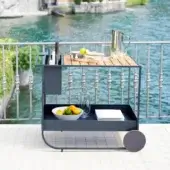 Superior Potocco Butler bar cart with Iroko wood top and dark gray matte metal frame offering a modern aesthetic