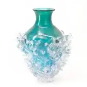 Exceptional Wave Murano Glass Plume vase in aquamarine with iridescent textured glass plumes showcasing a contemporary, glossy finish