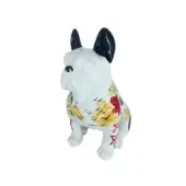 Exceptional Juliarte Seated Bulldog sculpture crafted in stone powder and fiberglass with vivid flame patterns and glossy finish