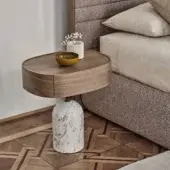 Elegant Porada Ekero nightstand built in white Carrara marble, grey pewter metal, and walnut finished wood
