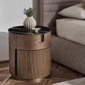 Elegant Porada Tylsa Night nightstand in curved wengé ash wood with dark marble and Bronzoro-finished metal base