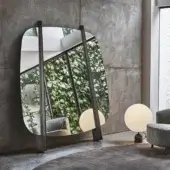 Distinctive Porada Gong mirror crafted in shaped ash wood with a matte finish and trapezoidal silhouette