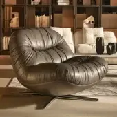 Distinguished Visionnaire Aura lounge chair with sculpted wooden shell upholstered in medium-brown leather and satin metal swivel base