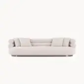 Exceptional Visionnaire Voluptas sofa with sculpted backrest, neutral beige stretch fabric upholstery, and satin-finish steel plinth base