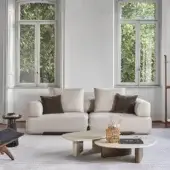 Exceptional Porada Klem sofa built with a solid canaletto walnut frame and light beige textile upholstery