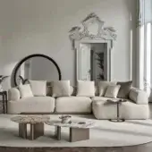 Distinguished Porada Klem sectional crafted with canaletto walnut and textured light beige fabric upholstery