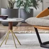 Exceptional Porada Jelly coffee side table with white Carrara marble and brushed brass supporting a canaletto walnut cylinder base