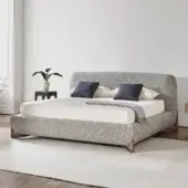 Lavish Softbay Bed Max bed upholstered in light gray textured textile with a gracefully wrapping canaletto walnut frame