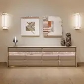 Exceptional Visionnaire Aubade sideboard with light beige leather upholstery and quilted square detailing, built with pink and beige marble accents
