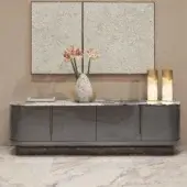 Distinguished Visionnaire Siona sideboard crafted from multilayer wood with muted gray lacquered finish and shaped marble top with brass handles
