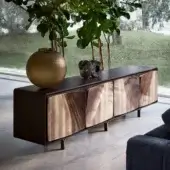 Distinguished Giorgetti Scirocco sideboard with anthracite grey ash wood and unique decorative birch plywood doors finished in epoxy resin