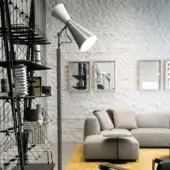 Architectural Nemo Parliament floor lamp with articulated arm crafted in neutral gray steel and aluminum with smooth matte finish