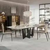 Superior Dallagnese Eiffel table with marbled composite tabletop in white, gray, and beige shades and matte dark gray metal blades