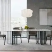 Elegant Dallagnese Kiri table crafted with grey and white marble and a polished finish, contrasted by a matte black metal base