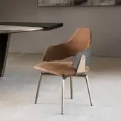 Distinguished Shake Chloe armchair with varnished steel, acrylic fibre upholstery and curved ash plywood backrest finished in warm tan textile