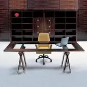 Exclusive OAK Kronos desk with a dark ebony wood frame, crystal glass insert, and bronzed brass accents exhibiting a glossy finish
