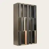 Elegant Shake Hide bookcase with ash wood and MDF, finished in dark brown satin varnish with brass profiles and glass doors
