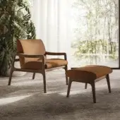 Distinguished CTS Salotti Jack lounge chair with a gently curved form and warm earthy brown woven textile upholstery crafted in Canaletto walnut