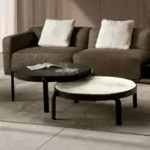 Superior CTS Salotti Tape coffee table with curved solid wood frame and creamy white marble paired with dark porcelain stoneware
